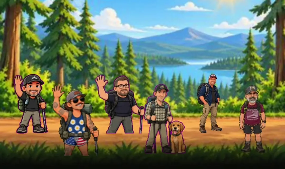 The pixel-art TrailMark crew, six hikers and a dog, standing on a forest trail