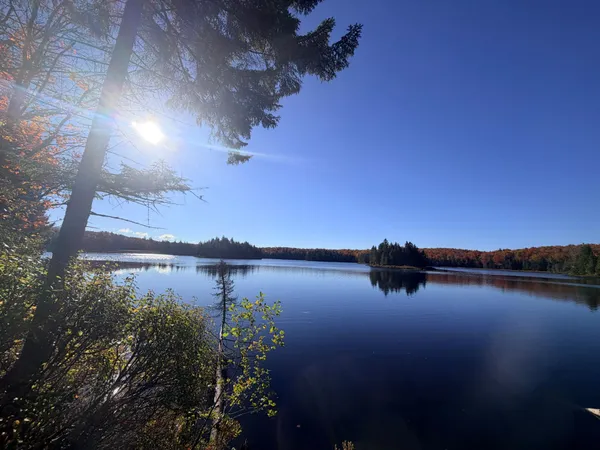 Sun over a lake ringed with red and orange trees