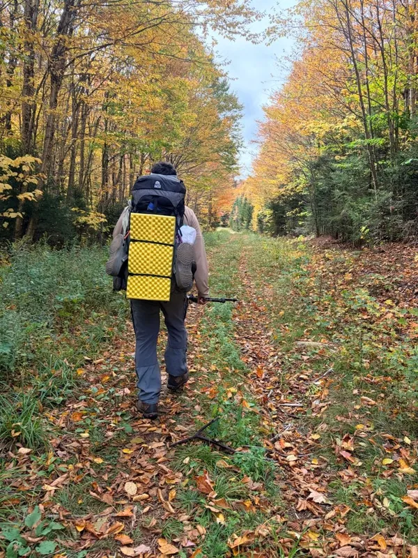 A hiker with a large pack and a yellow sleeping pad walking a leaf-covered trail through yellow and orange trees