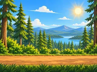 Pixel-art forest scene with a dirt trail